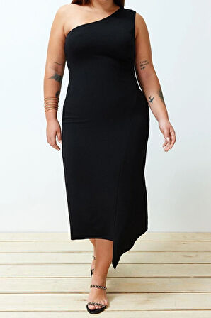 Yeni Rahat Casual Günlük Krep Örme Asimetrik Yaka Kolsuz Kol Asimetrik Midi Boy Büyük Beden Elbise