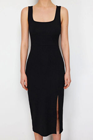 Kadın Moda Şık Midi Boy Kare Yaka Slim itted Vücuda Oturan Yırtmaçlı Esnek Örme Kalem Elbise