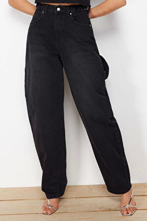 Kadın Moda Şık Kot Pantolon Boru Paça Regular Boy Denim Kahverengi Bol Kesim Yüksek Bel Jeans