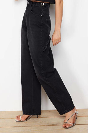 Kadın Moda Şık Kot Pantolon Boru Paça Regular Boy Denim Kahverengi Bol Kesim Yüksek Bel Jeans