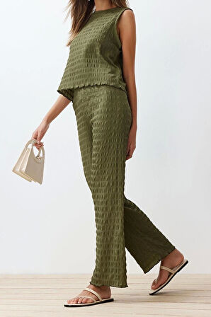 Kadın Moda Şık Boru Paça Normal Kalıp Sıfır Kol Esnek Örme Bluz Pantolon Alt-Üst Takım