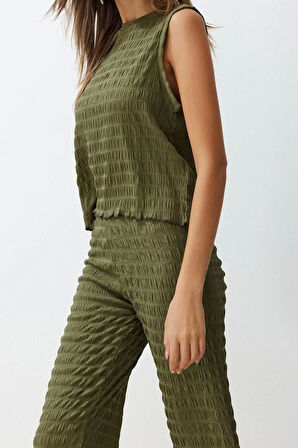 Kadın Moda Şık Boru Paça Normal Kalıp Sıfır Kol Esnek Örme Bluz Pantolon Alt-Üst Takım