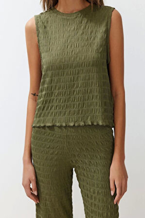 Kadın Moda Şık Boru Paça Normal Kalıp Sıfır Kol Esnek Örme Bluz Pantolon Alt-Üst Takım