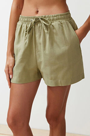 Kadın Moda Şık Regular Kısa Boy Uzun Kollu Dokuma Keten Görünümlü Gömlek Şort Takım