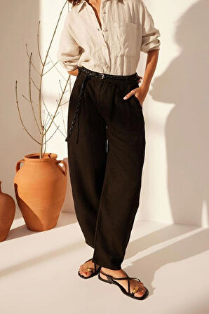 Kadın Yeni Moda Geniş Paça Uzun Boy Dokuma %100 Keten Yüksek Bel Barrel Pantolon