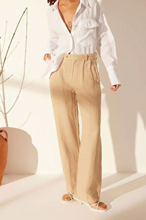 Kadın Yeni Moda Geniş Paça Uzun Boy Dokuma %100 Keten Pileli Yüksek Bel Wide Leg Pantolon