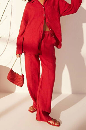 Kadın Yeni Moda Geniş Paça Uzun Boy Dokuma %100 Keten Cep Detaylı Yüksek Bel Wide Leg Pantolon