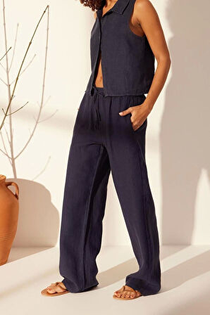 Kadın Yeni Moda Geniş Paça Uzun Boy Denim %100 Keten Beli Lastikli Yüksek Bel Wide Leg Pantolon