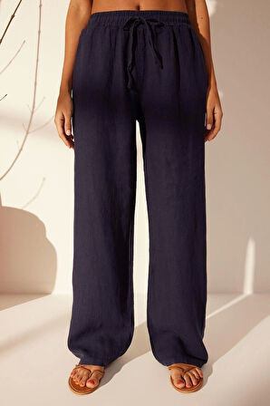 Kadın Yeni Moda Geniş Paça Uzun Boy Denim %100 Keten Beli Lastikli Yüksek Bel Wide Leg Pantolon