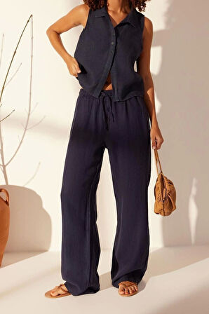 Kadın Yeni Moda Geniş Paça Uzun Boy Denim %100 Keten Beli Lastikli Yüksek Bel Wide Leg Pantolon