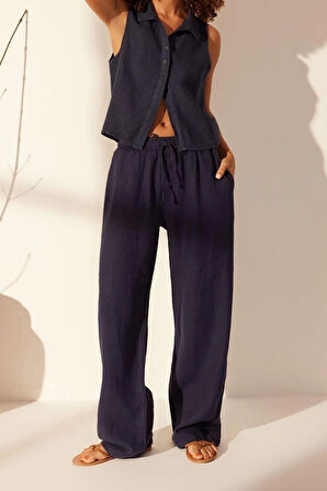Kadın Yeni Moda Geniş Paça Uzun Boy Denim %100 Keten Beli Lastikli Yüksek Bel Wide Leg Pantolon