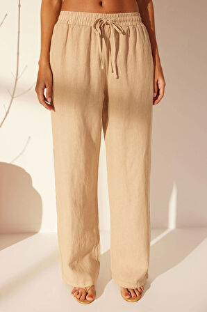 Kadın Yeni Moda Geniş Paça Uzun Boy Denim %100 Keten Beli Lastikli Yüksek Bel Wide Leg Pantolon