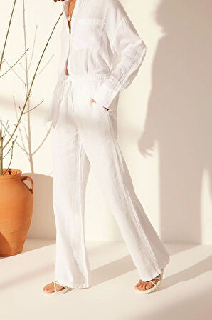 Kadın Yeni Moda Geniş Paça Uzun Boy Denim %100 Keten Beli Lastikli Yüksek Bel Wide Leg Pantolon