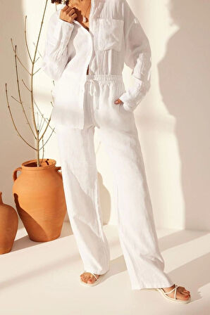 Kadın Yeni Moda Geniş Paça Uzun Boy Denim %100 Keten Beli Lastikli Yüksek Bel Wide Leg Pantolon