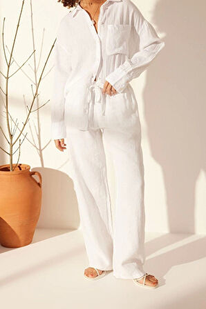 Kadın Yeni Moda Geniş Paça Uzun Boy Denim %100 Keten Beli Lastikli Yüksek Bel Wide Leg Pantolon