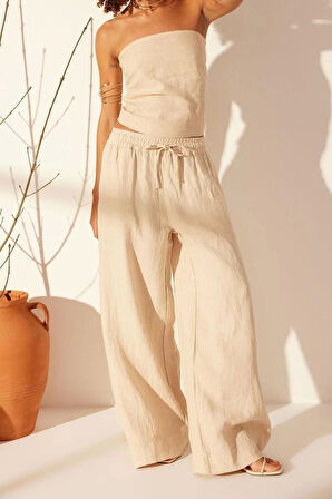 Kadın Yeni Moda Geniş Paça Uzun Boy Dokuma %100 Keten Beli Lastikli Yüksek Bel Ekstra Pantolon