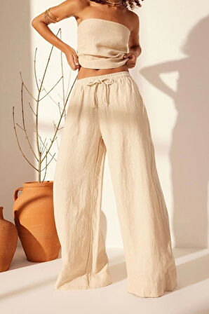 Kadın Yeni Moda Geniş Paça Uzun Boy Dokuma %100 Keten Beli Lastikli Yüksek Bel Ekstra Pantolon