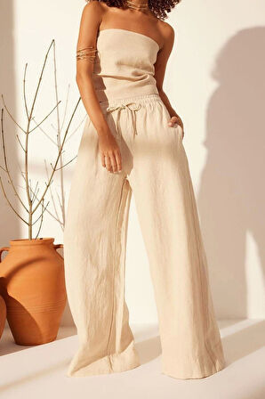 Kadın Yeni Moda Geniş Paça Uzun Boy Dokuma %100 Keten Beli Lastikli Yüksek Bel Ekstra Pantolon