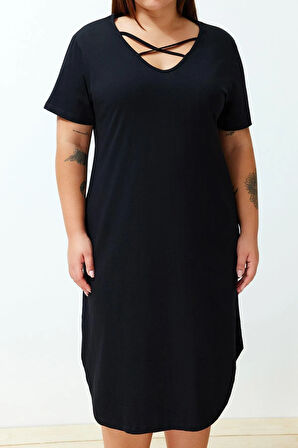 Yeni Rahat Casual Günlük Süprem Örme V Yaka Kısa Kol Shift Midi Boy Büyük Beden Elbise