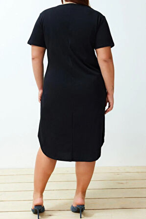 Yeni Rahat Casual Günlük Süprem Örme V Yaka Kısa Kol Shift Midi Boy Büyük Beden Elbise