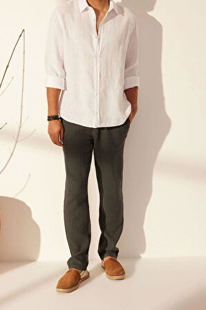 Erkek Moda Boru Paça Regular Boy Dokuma Limited Edition %100 Keten Fit Beli Bağcıklı Pantolon