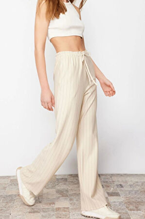 Kadın Yeni Moda Boru Paça Regular Boy Örme Kalın Çizgili Düz Kesim Esnek Pantolon