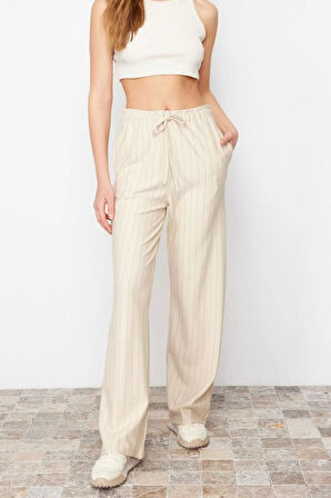 Kadın Yeni Moda Boru Paça Regular Boy Örme Kalın Çizgili Düz Kesim Esnek Pantolon