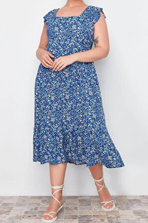 Yeni Fit Casual Günlük Shally Dokuma Kare Yaka Askısız Kol A-Line Midi Boy Büyük Beden Elbise