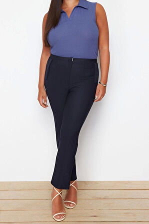 Kadın Yeni Moda Büyük Beden Boru Paça Regular Boy Dokuma Cigarette Fleto Cepli Kumaş Pantolon