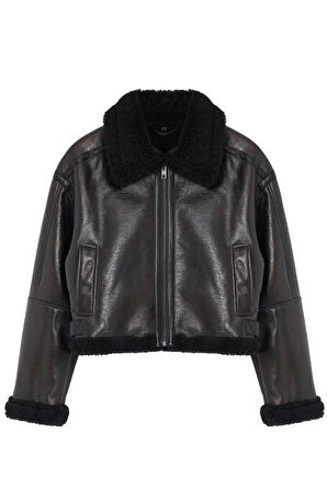 Kadın Moda Şık Oversize Gömlek Yaka Standart Düz Astarsız Peluş Detaylı Biker Ceket Mont