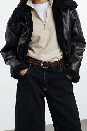 Kadın Moda Şık Oversize Gömlek Yaka Standart Düz Astarsız Peluş Detaylı Biker Ceket Mont