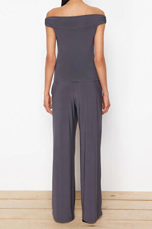 Kadın Moda Şık Geniş Paça Uzun Boy Uzun Kollu Carmen Yaka Esnek Örme Bluz Pantolon Alt-Üst Takım