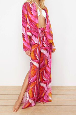 Kadın Moda Şık Regular Uzun Boy Uzun Kollu Soyut Desenli Dokuma Gömlek Pantolon Takım