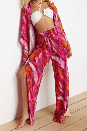 Kadın Moda Şık Regular Uzun Boy Uzun Kollu Soyut Desenli Dokuma Gömlek Pantolon Takım