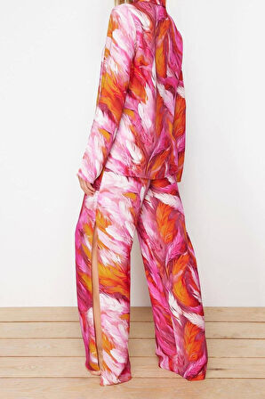 Kadın Moda Şık Regular Uzun Boy Uzun Kollu Soyut Desenli Dokuma Gömlek Pantolon Takım