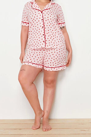 Büyük Beden Kadın Polyester Gömlek Yaka Kısa Kol Çilek Desenli Gömlek Yaka Örme Pijama Takımı