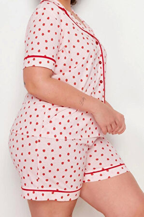 Büyük Beden Kadın Polyester Gömlek Yaka Kısa Kol Çilek Desenli Gömlek Yaka Örme Pijama Takımı
