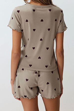 Kadın Pamuklu Bisiklet Yaka Kısa Kol Kalpli Slogan Baskılı Lastik Detaylı Fitilli Örme Pijama Takımı