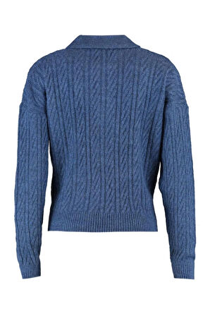 Kadın Moda Şık Regular Polo Yaka Uzun Kol Saç Örgü Geniş Kalıp Yumuşak Dokulu Triko Kazak