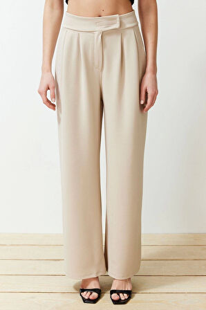 Kadın Geniş Paça Uzun Boy Örme Kahverengi Leopar Desenli Kemeri Cırtlı Yüksek Bel Pileli Pantolon