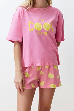 Kadın %100 Pamuk Bisiklet Yaka Kısa Kol %100 Pamuk Slogan Meyve Baskılı Örme Pijama Takımı