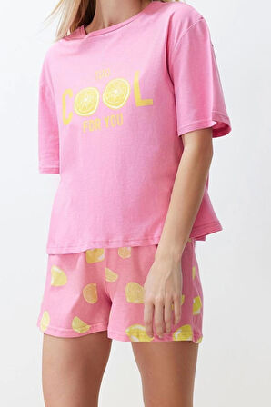 Kadın %100 Pamuk Bisiklet Yaka Kısa Kol %100 Pamuk Slogan Meyve Baskılı Örme Pijama Takımı