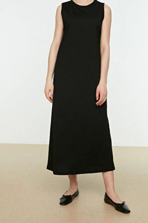 Yeni Regular Casual Günlük Süprem Örme Bisiklet Yaka Kolsuz Kol Basic Maxi Boy Tesettür Elbise