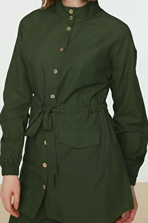 Kadın Moda Şık Boru Paça Regular Boy Uzun Kollu Dik Yaka Kuşaklı Gömlek-Pantolon Dokuma Takım