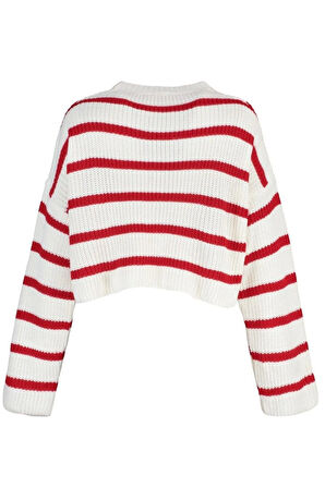 Kadın Moda Şık Crop Bisiklet Yaka Uzun Kol Çizgili Crop Basic Triko Kazak