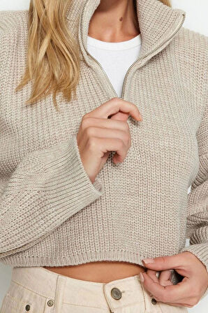 Kadın Moda Şık Dik Yaka Standart Kol Crop Süper Fermuarlı Triko Kazak