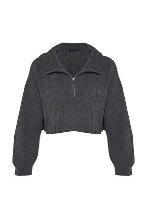 Kadın Moda Şık Dik Yaka Standart Kol Crop Süper Fermuarlı Triko Kazak