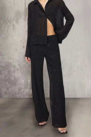 Kadın Yeni Moda Geniş Paça Uzun Boy Dokuma Astarlı Parıltılı Şifon Pantolon
