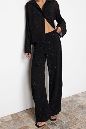 Kadın Yeni Moda Geniş Paça Uzun Boy Dokuma Astarlı Parıltılı Şifon Pantolon