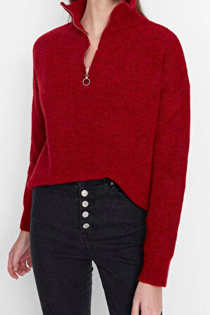 Kadın Moda Şık Regular Dik Yaka Uzun Kol Düz Couple Yumuşak Dokulu Fermuarlı Triko Kazak